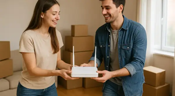 Uśmiechnięta para trzyma router Wi-Fi, gotowa do podłączenia internetu w nowym domu. Każdy abonent zasługuje na szybkie połączenie.