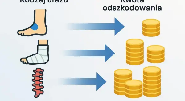 Ilustracja pokazuje, jak rodzaj urazu (stopa, noga w gipsie, kręgosłup) wpływa na wysokość odszkodowania od sprawcy.
