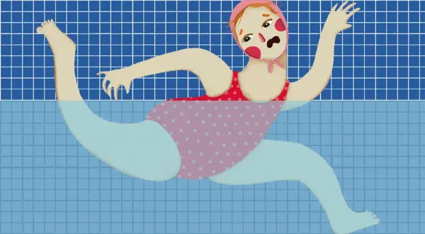 A swimmer with a distressed expression struggles in a pool, perhaps wondering, "Can you be allergic to chlorine?