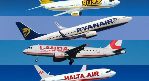 Samoloty Buzz, Ryanair, Lauda i Malta Air na tle błękitnego nieba.