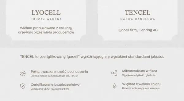 TENCEL to certyfikowany lyocell, który nie gniecie się tak łatwo jak inne tkaniny. Jest miękki, gładki i trwały.