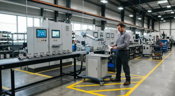 Pracownik nadzoruje pracę robota przemysłowego na linii produkcyjnej w nowoczesnej fabryce.