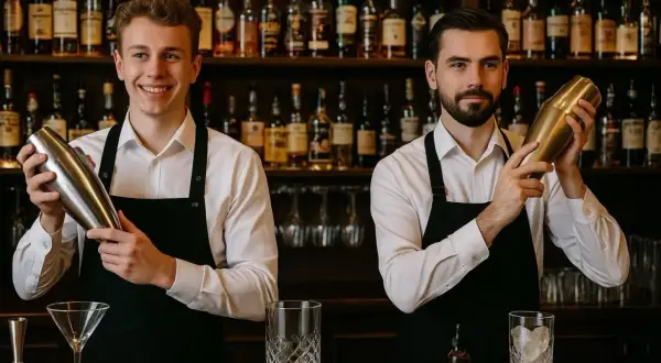 Dwóch barmanów w fartuchach trzyma shakery do koktajli na tle półek z butelkami alkoholu.
