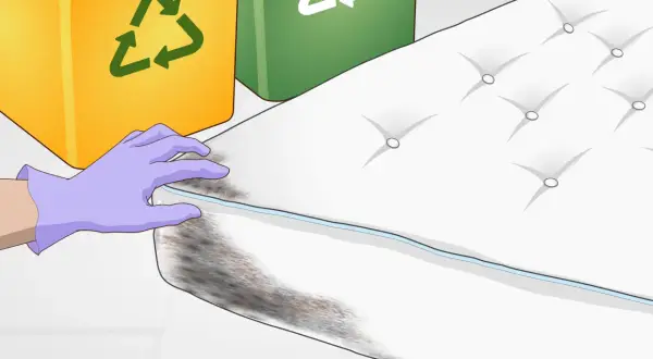 A gloved hand inspects a moldy spot on a mattress. Learn how to dry a wet spot on a mattress to prevent mold.