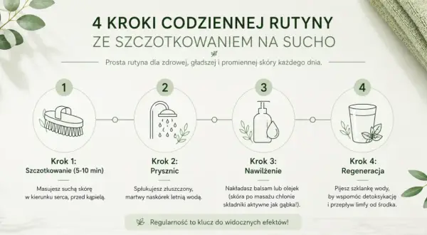 4 kroki do gładkiej skóry: szczotkowanie na sucho przed kąpielą, prysznic, nawilżenie i regeneracja.
