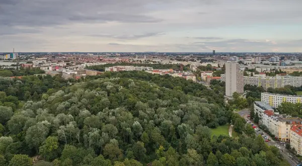 Luftaufnahme des Volksparks Friedrichshain mit dichtem Baumbestand und Berliner Skyline im Hintergrund.