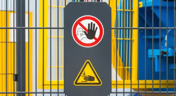 Tablica ostrzegawcza z zakazem zbliżania się i symbolem zgniecenia dłoni. Informuje o ryzyku rezydualnym przy obsłudze maszyny.