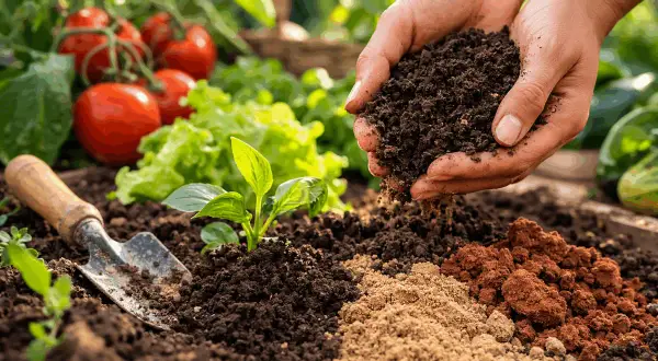 Mani che aggiungono terriccio fertile a un letto di semina con piantine, pomodori e lattuga sullo sfondo. Il terreno drenante è essenziale per una buona crescita.