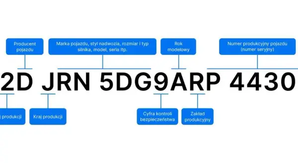 Schemat VIN: 2D JRN 5DG9ARP 44305. Pozwala określić producenta, markę, rok modelowy, kraj produkcji, zakład produkcyjny, cyfrę kontroli bezpieczeństwa, a także kod lakieru po VIN.