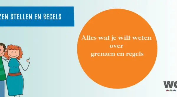 Twee getekende personen, een man en een vrouw, staan naast elkaar. De tekst "Grenzen stellen en regels" en "Alles wat je wilt weten over grenzen en regels" suggereert dat dit gaat over het creëren van structuur, wat soms kan leiden tot geen warme famil...