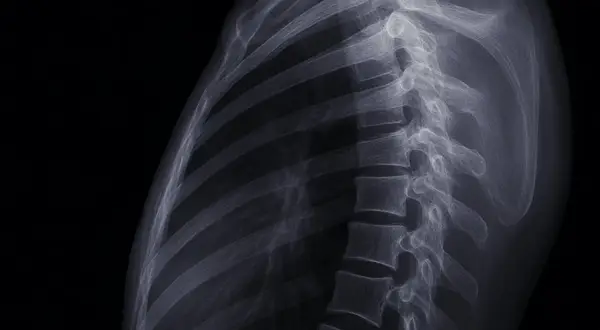 RTG kręgosłupa piersiowego. Widoczne żebra i kręgi. Obraz może pomóc w diagnostyce objawów neurologicznych.