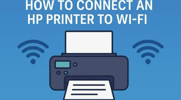 Jak połączyć tel z drukarką HP przez Wi-Fi. Ilustracja przedstawia drukarkę HP z ikonami Wi-Fi po bokach.