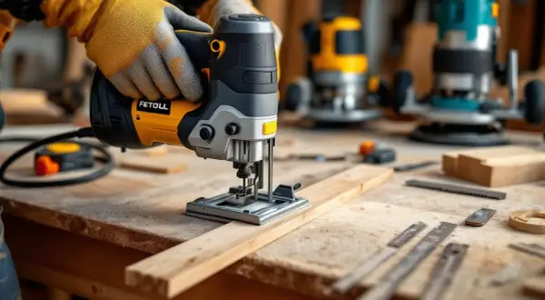 Mains gantées pilotant une scie sauteuse pour une coupe de travers sur une planche de bois. Outils de menuiserie en arrière-plan.