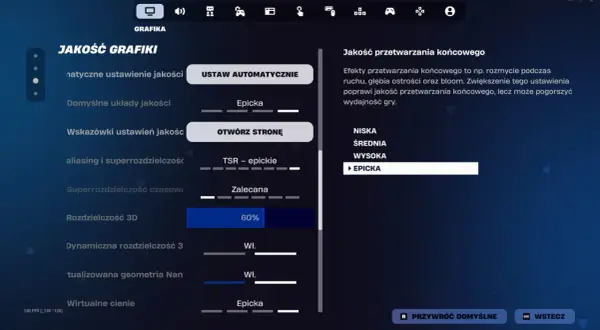Ustawienia grafiki Fortnite: jakość przetwarzania końcowego na "Epicka" dla najlepszych efektów wizualnych.
