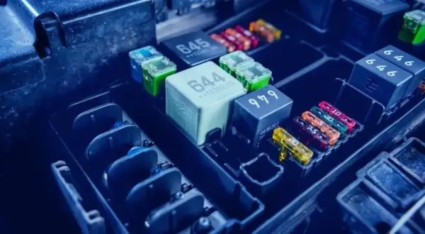 Caja de fusibles de coche con varios fusibles de colores y relés.