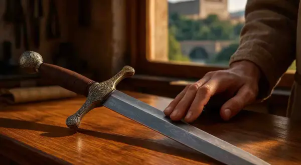 Una mano acaricia una espada con empuñadura ornamentada, un ejemplo de los legendarios aceros de Toledo, con una vista de la ciudad al fondo.