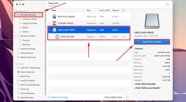 El programa Disk Drill muestra que no se reconoce el dispositivo USB, una unidad flash de 31,04 GB, y ofrece buscar datos perdidos.