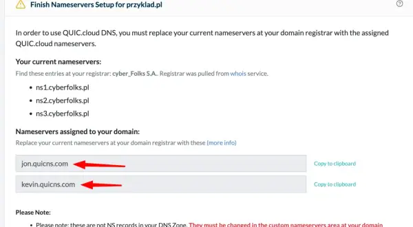 Konfiguracja QUIC.cloud DNS dla domeny przyklad.pl. Zmień obecne serwery nazw na jon.quicns.com i kevin.quicns.com.