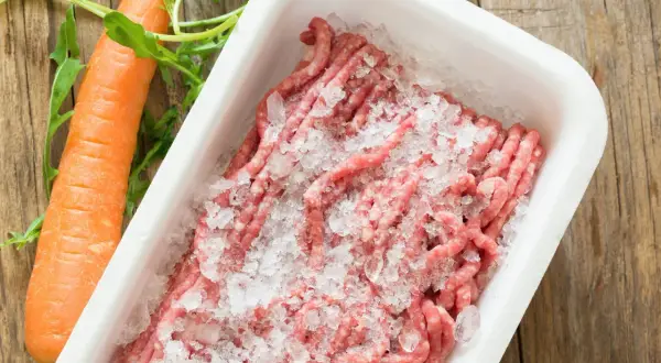 Gefrorenes Hackfleisch mit Eiswürfeln in einer Schale, daneben eine Karotte und Rucola. Die Frage "wie lange braucht Hackfleisch zum auftauen" wird hier visuell angedeutet.