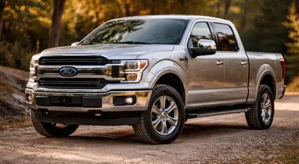 Srebrny pickup Ford F-150 na leśnej drodze.