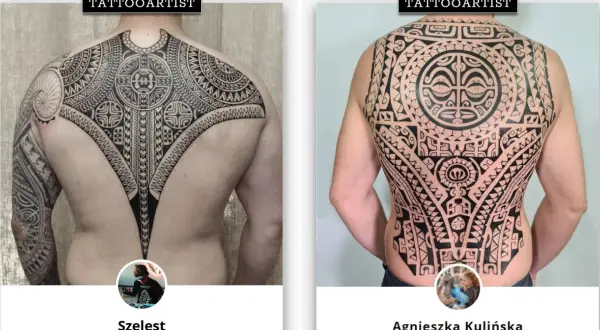 Plecy ozdobione skomplikowanymi wzorami tribal. To sztuka tatuażu, która opowiada historie.