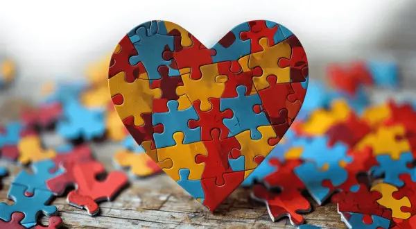 Serce z puzzli symbolizuje złożoność i piękno autyzmu u dorosłych.