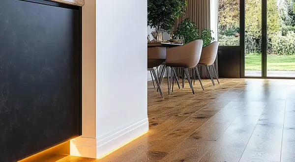 Nowoczesne wnętrze z drewnianą podłogą i oświetleniem LED. Eleganckie rozwiązanie co zamiast listew przypodłogowych, tworzy subtelny blask.