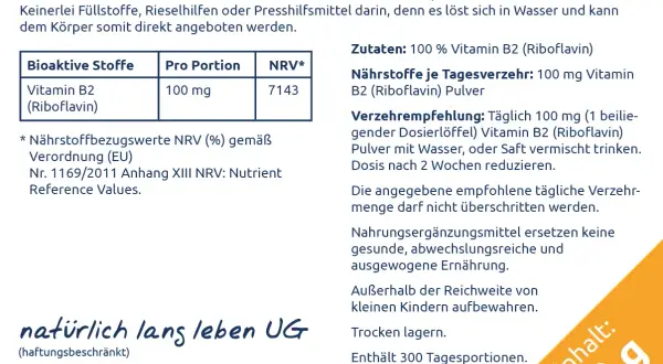 Reines Vitamin B2 (Riboflavin) Pulver, 100 mg pro Portion. Die Riboflavin wirkung unterstützt den Körper, löst sich gut in Wasser. 30g Inhalt.