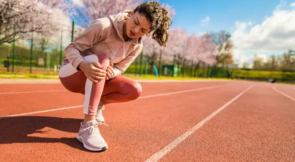 Frau mit Kniearthrose hält ihr schmerzendes Knie auf einer Laufbahn.