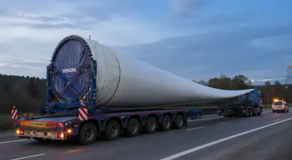 Ogromne łopaty wiatraka transportowane przez tir na autostradzie.