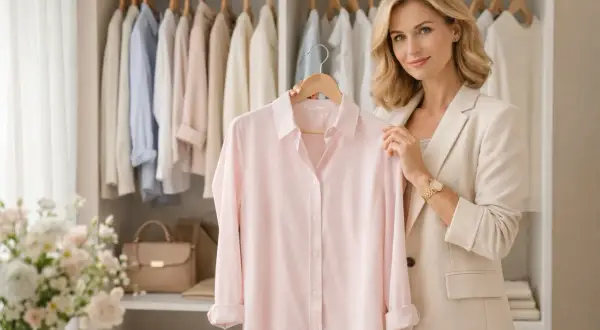 Elegancka kobieta prezentuje różową koszulę, jedno z nowości Gerry Weber. Szafa pełna stylowych ubrań.