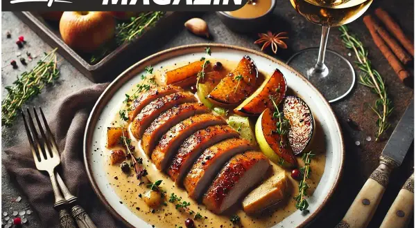 Gegrillte Entenbrust in Weißweinsauce mit Apfelspalten. Ein Glas Weißwein steht bereit – die perfekte Antwort auf die Frage: welcher Wein zu Gans?