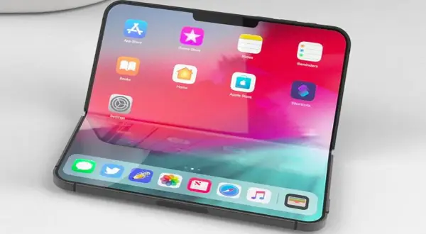 Koncepcyjny iPhone flip z ekranem podzielonym na dwie części, wyświetlający ikony aplikacji.