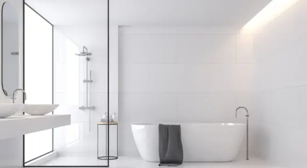 Moderne Badgestaltung mit begehbarer Dusche, freistehender Wanne und minimalistischen Fliesen. Tolle begehbare Dusche Fliesen Ideen für ein stilvolles Bad.