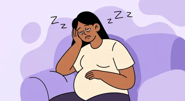 Ilustración de una mujer embarazada con cansancio extremo en el primer trimestre, apoyando la cabeza en la mano y con ojeras.