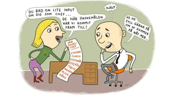 En kvinna presenterar en lista med bra chef egenskaper för en manlig chef. Han verkar lite överväldigad.