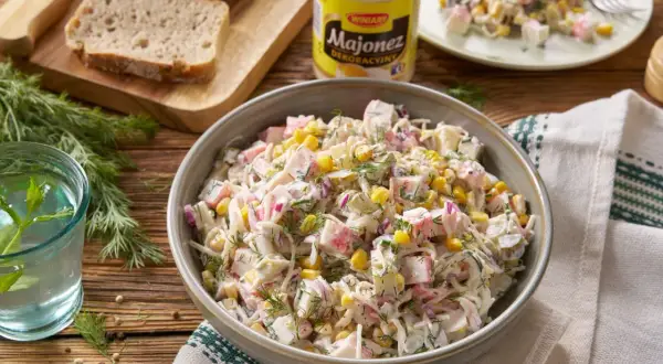 Pyszna sałatka z surimi i ananasem, z kukurydzą i koprem, podana w misce. Obok chleb, majonez i szklanka wody.