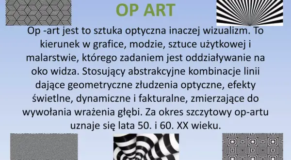 Abstrakcyjne wzory op art tworzą złudzenia optyczne, wprowadzając widza w świat iluzji i głębi.