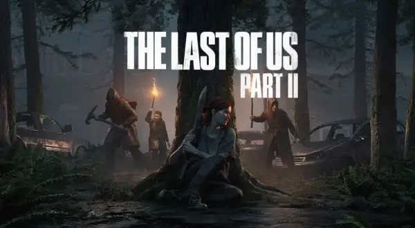 Ellie i inni bohaterowie w mrocznym lesie, przygotowani do walki. To zapowiedź emocjonujących **grach akcji** The Last of Us Part II.