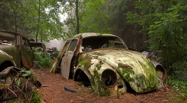 Dans ce cimetière de voiture, une coccinelle rouillée et envahie par la mousse repose au milieu d'une forêt luxuriante.