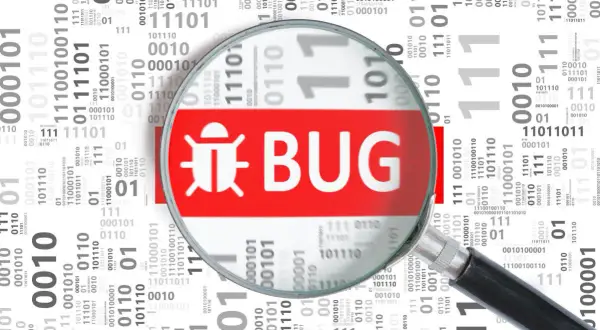 Lupa powiększa symbol owada i napis "BUG", wyjaśniając, czym jest debugowanie.