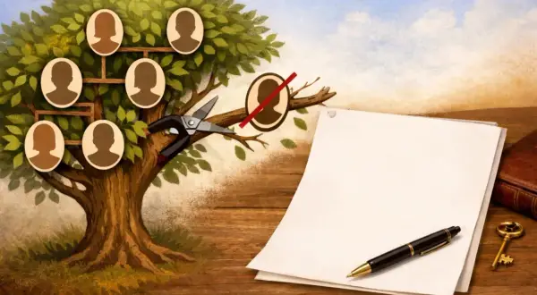 Drzewo genealogiczne z nożycami przecinającymi gałąź symbolizuje trudne postępowanie spadkowe i zmiany w rodzinie.