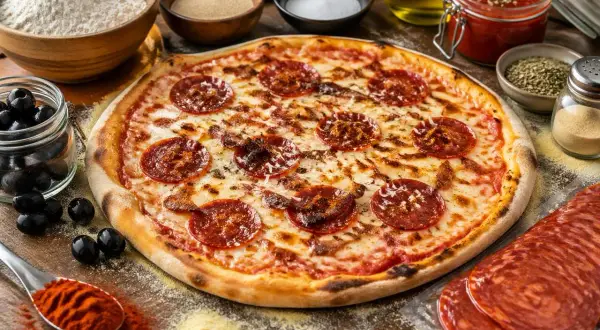 Pizza chorizo appétissante, garnie de rondelles de chorizo croustillantes, entourée d'ingrédients frais : olives, épices, farine et sauce tomate.