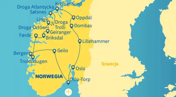 Mapa Norwegii z zaznaczonymi trasami: Droga Atlantycka, Droga Orłów, Geiranger, Bergen, Oslo. Idealne miejsca, gdzie warto pojechać!