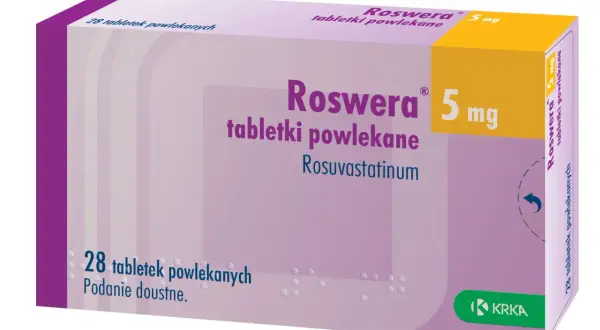 Opakowanie leku Roswera 5 mg, zawierające 28 tabletek powlekanych. Stosowany w leczeniu podwyższonego cholesterolu.