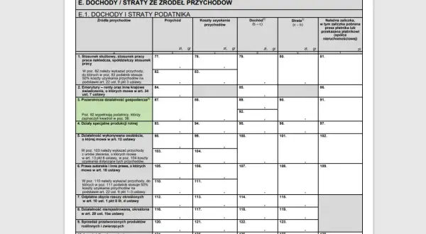 Formularz PIT-36, sekcja E. Dochody i straty podatnika. Wpisujesz tu dane dotyczące działalności nierejestrowanej, jaki PIT zapłacisz.