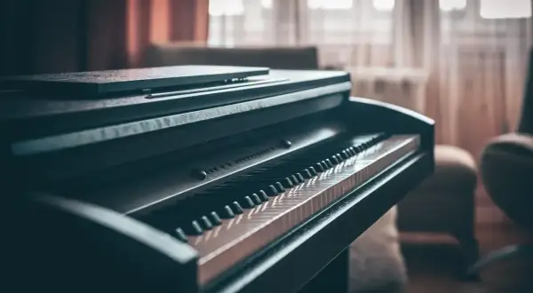 Ciemne pianino cyfrowe z klawiaturą w zbliżeniu. Zastanawiasz się, ile waży pianino? Ten instrument jest solidny.