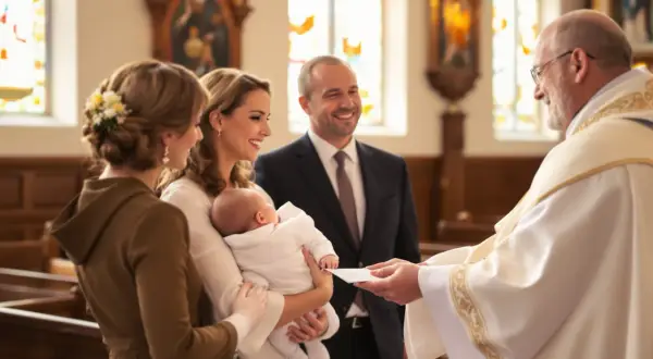 Rodzina z dzieckiem podczas chrztu w kościele, rozmowa z księdzem.