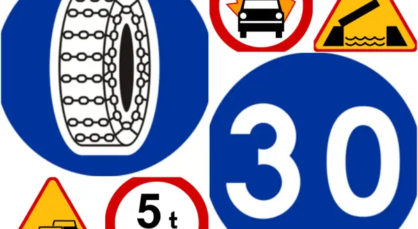 Kolekcja znaków drogowych z opisem do druku: nakaz używania łańcuchów, wypadek, most zwodzony, ograniczenie prędkości 30, korek, zakaz wjazdu pojazdów o masie powyżej 5 ton.