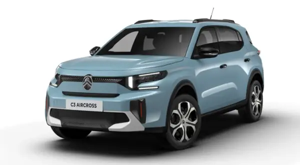 En ljusblå Citroën C3 Aircross, redo för ett citroën c3 aircross test. Den har en modern front med distinkta LED-lampor och ett stort luftintag.